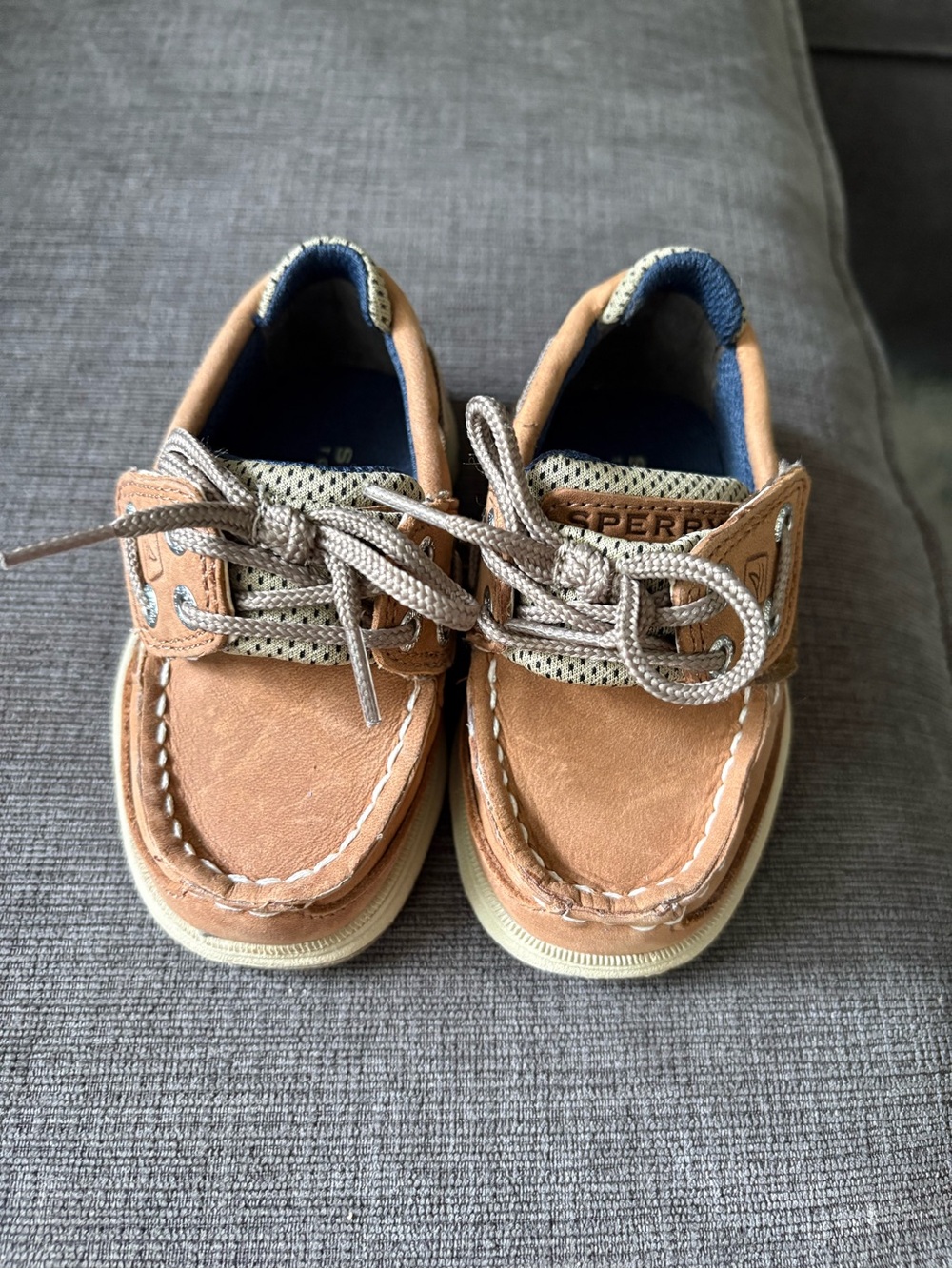 Sperry toddler size 5c Tan/Brown Boat Shoes with Navy Lining never worn